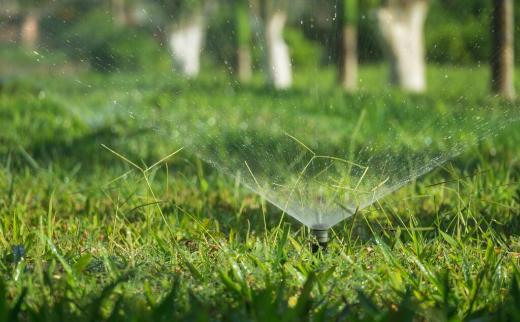 Für die Bewässerung Garten wird Rasen durch einen Sprinkler bewässert