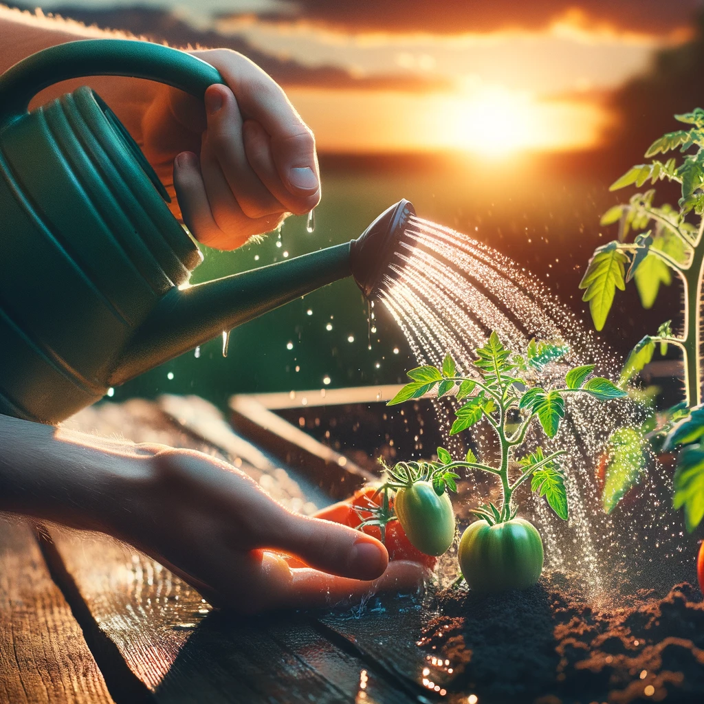 The image depicting the act of watering a tomato plant has been generated, showcasing an essential part of plant care. This visual emphasizes the importance of providing your tomato plants with adequate water, which is crucial for their growth and fruit production.