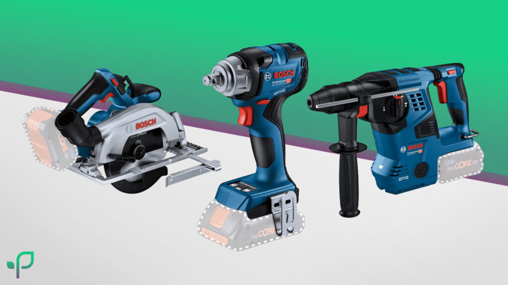 Neuheiten von Bosch Professional Akku Werkzeuge mit bürstenlosen Motoren auf dem Smart im Garten hintergrundbild stehen nebeneinander. Darunter eine Handkreissäge, ein Bohrhammer und eine Schlagbohrmaschine