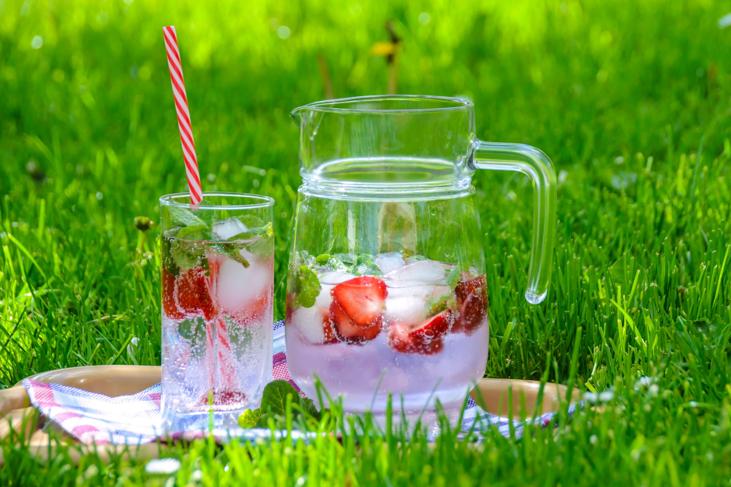Eine Glaskaraffe und Glas gefüllt mir Eiswürfeln, Erdbeeren und Wasser stehen in einem Weidenkorb auf einer gesunden grünen Wiese
