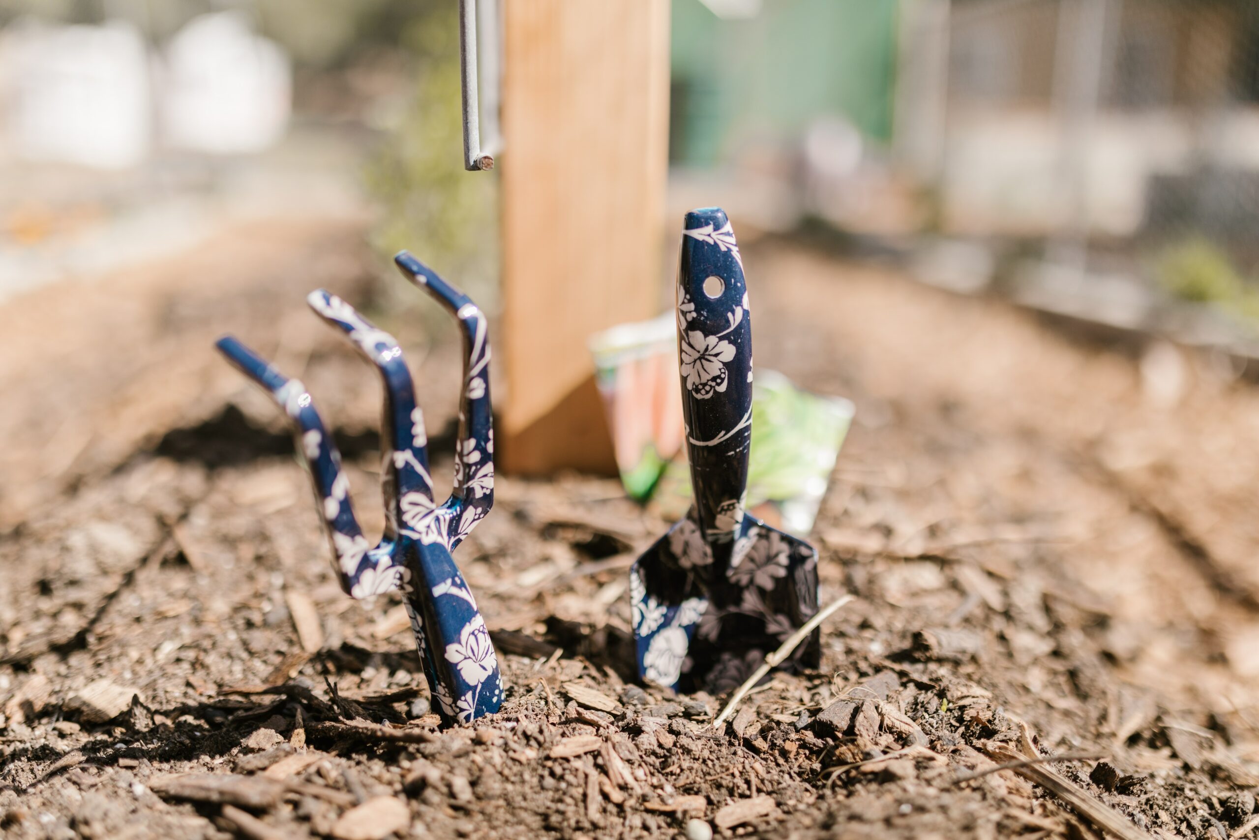 Gartenkralle und Gartenkelle stecken in der Erde eines Beets. In diesem Artikel stelle ich dir die Top 10 der wichtigsten Werkzeuge für Gartenanfänger vor, damit du gut gerüstet in dein neues Hobby starten kannst.