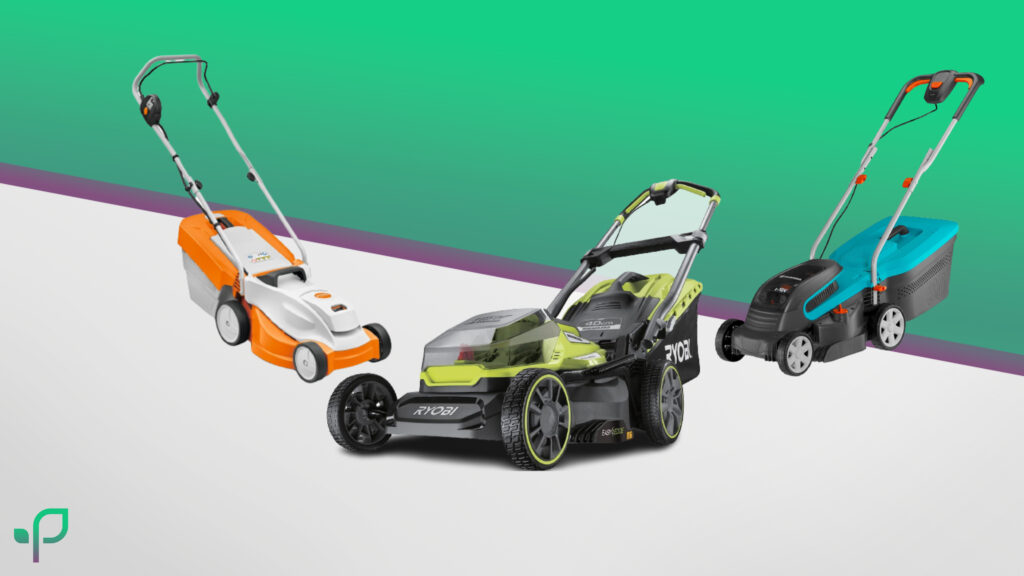 Drei Akku Rasenmäher von Stihl Ryobi und Gardena stehen vor dem Smart im Garten hintergrundbild nebeneinander