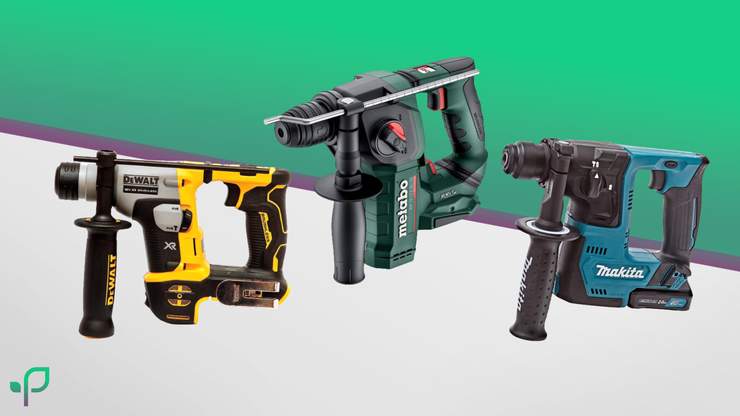 Ein Bohrhammer von Dewalt, Makita und Metabo nebeneinander auf einem grün grauen Untergrundbild von Smart im Garten