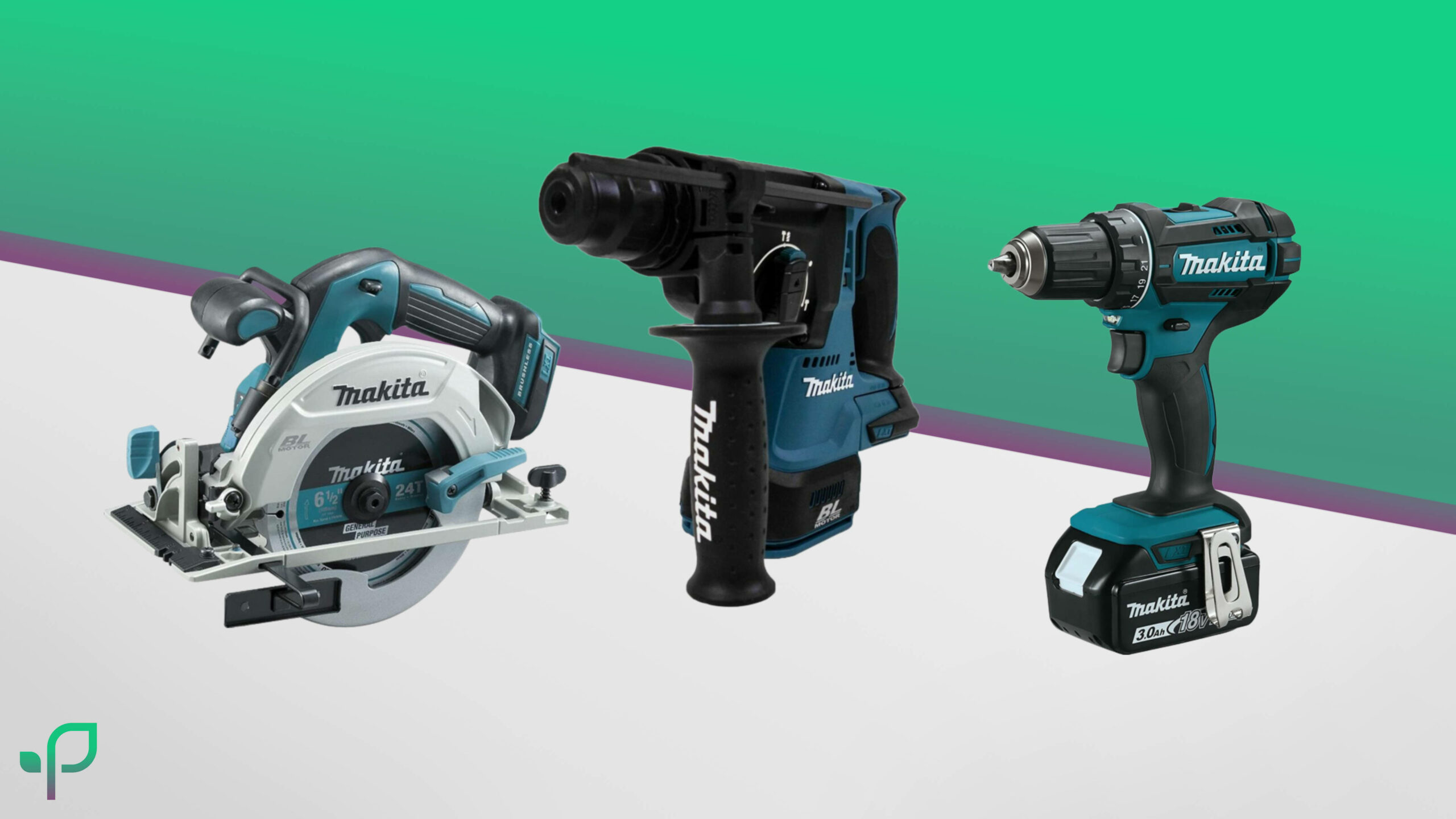 Verschiede Akku-Werkzeuge von Makita stehen neben einander vor dem Smart im Garten Wallpaper