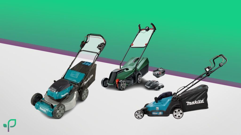 Akku Rasenmäher von Makita und Bosch auf dem Smart im Garten Hintergrundbild