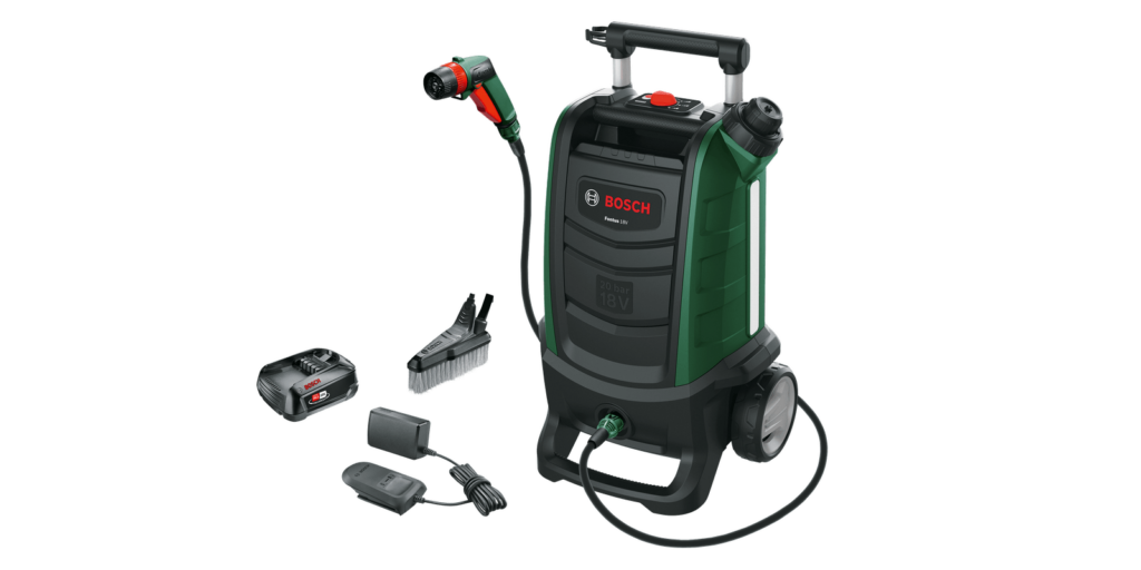 Bosch Akku Reiniger Fontus inklusive Zubehör auf weißem Untergrund