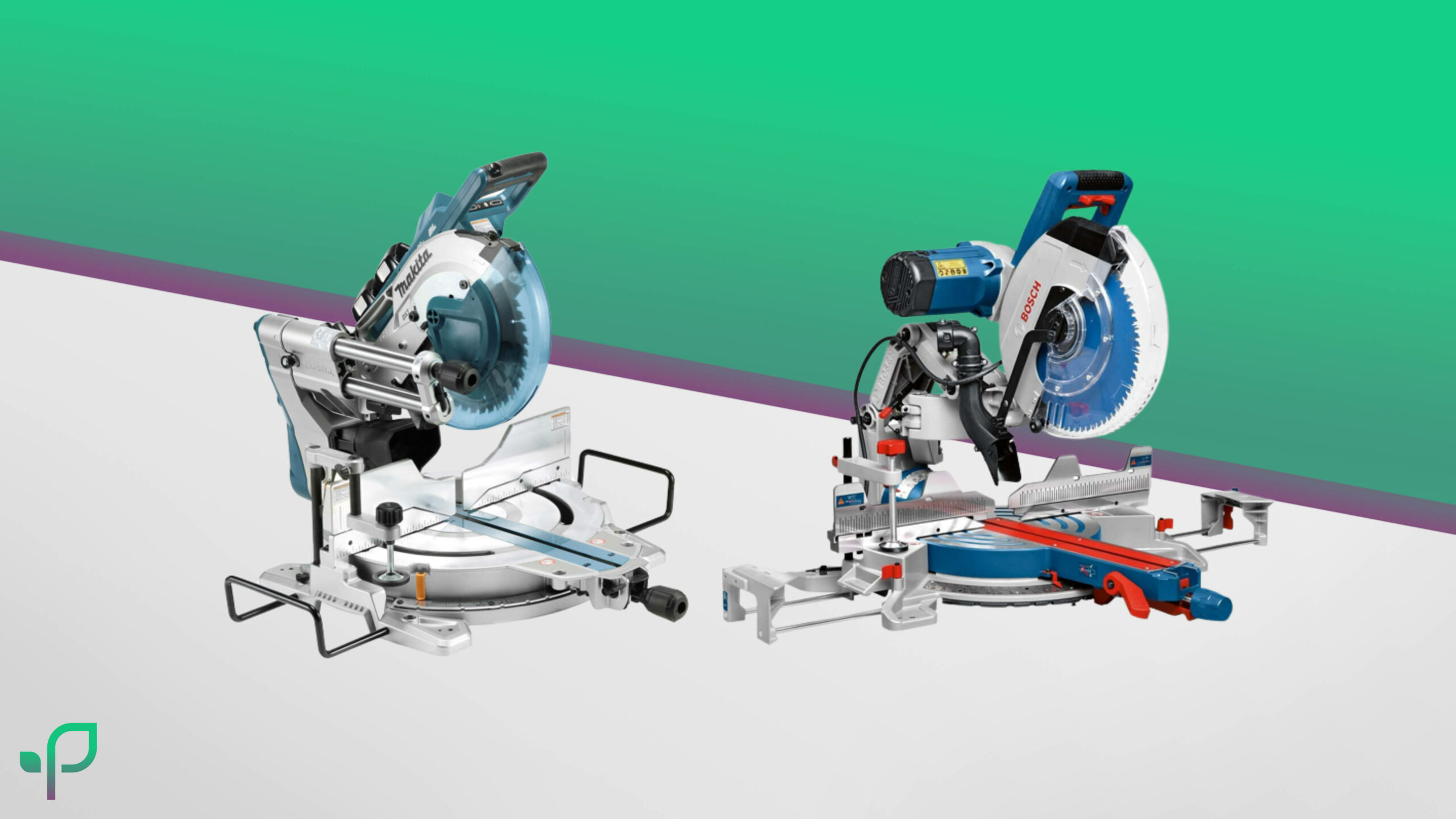 Eine Bosch Professional und eine Makita Kappsäge stehen nebeneinander vor dem Smart im Garten Wallpaper-Bild