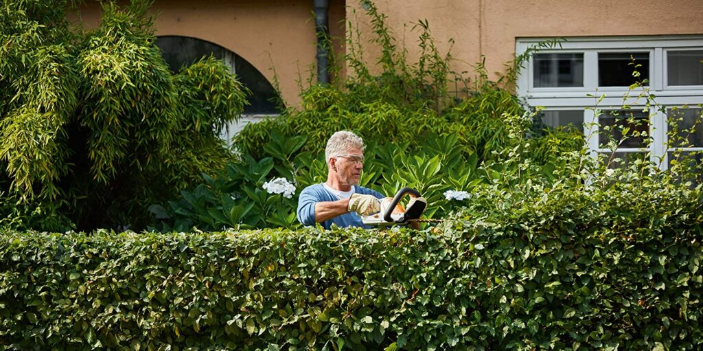 Ein Mann schneidet mit einer Stihl Akku Heckenschere eine Hecke