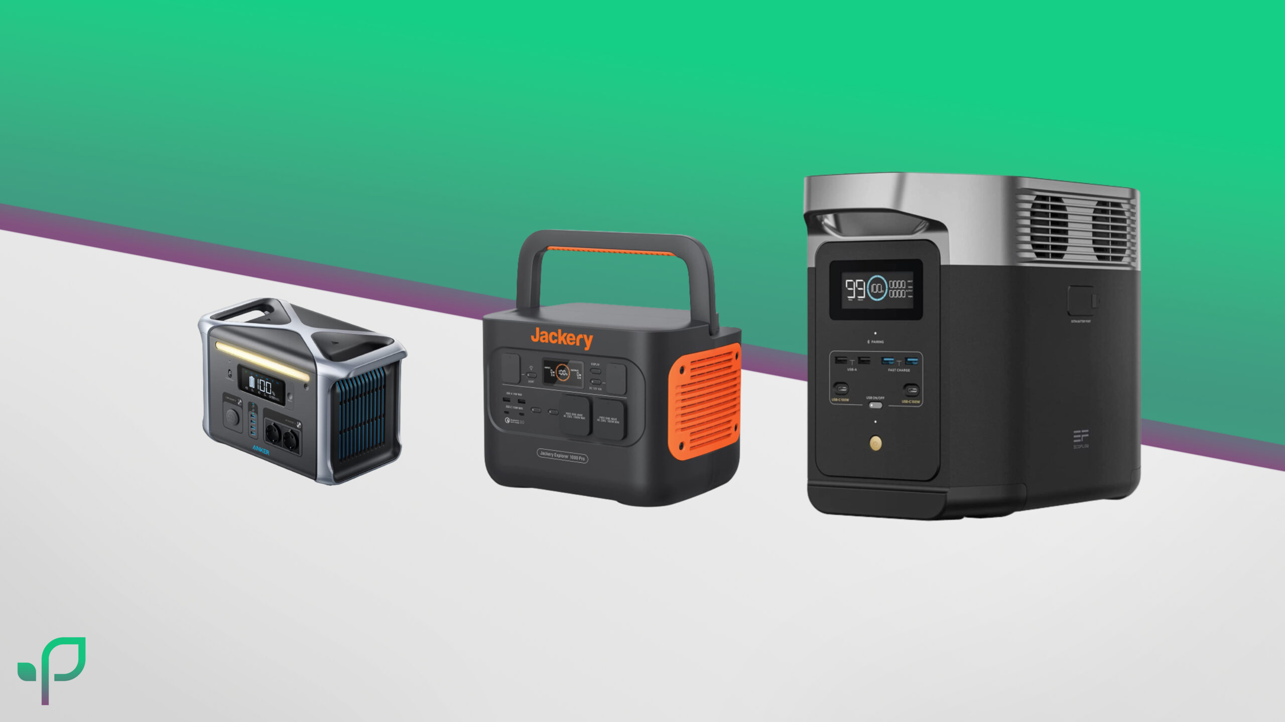 Drei Stromspeicher Powerbanks stehen vor dem Smart im Garten Wallpaper nebeneinander