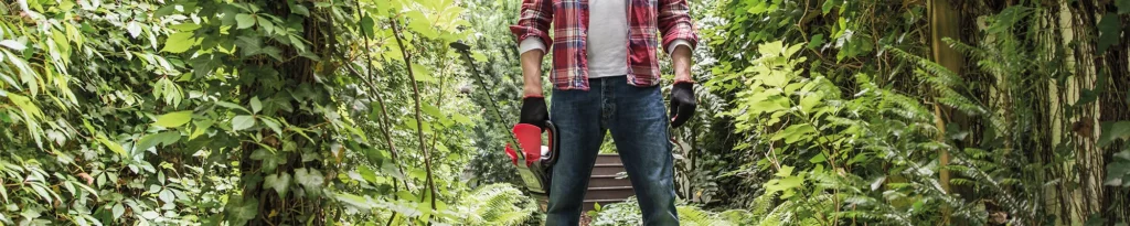 Ein Mann steht im Wald mit der AL-KO Energy Flex Heckenschere