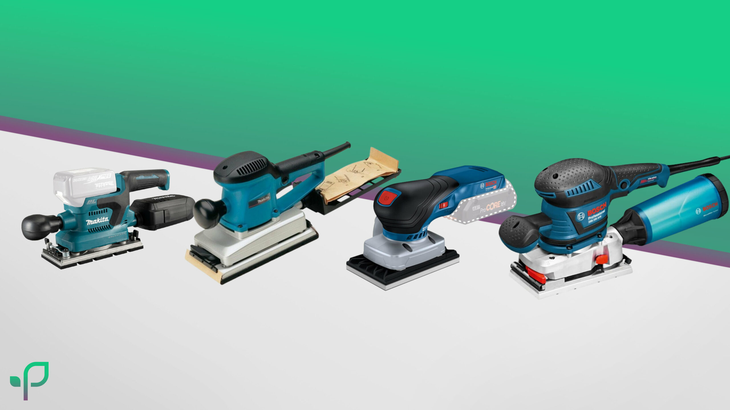 Verschiedene Schwingschleifer von Makita und Bosch Professional stehen neben einander vor dem Smart im Garten Wallpaper