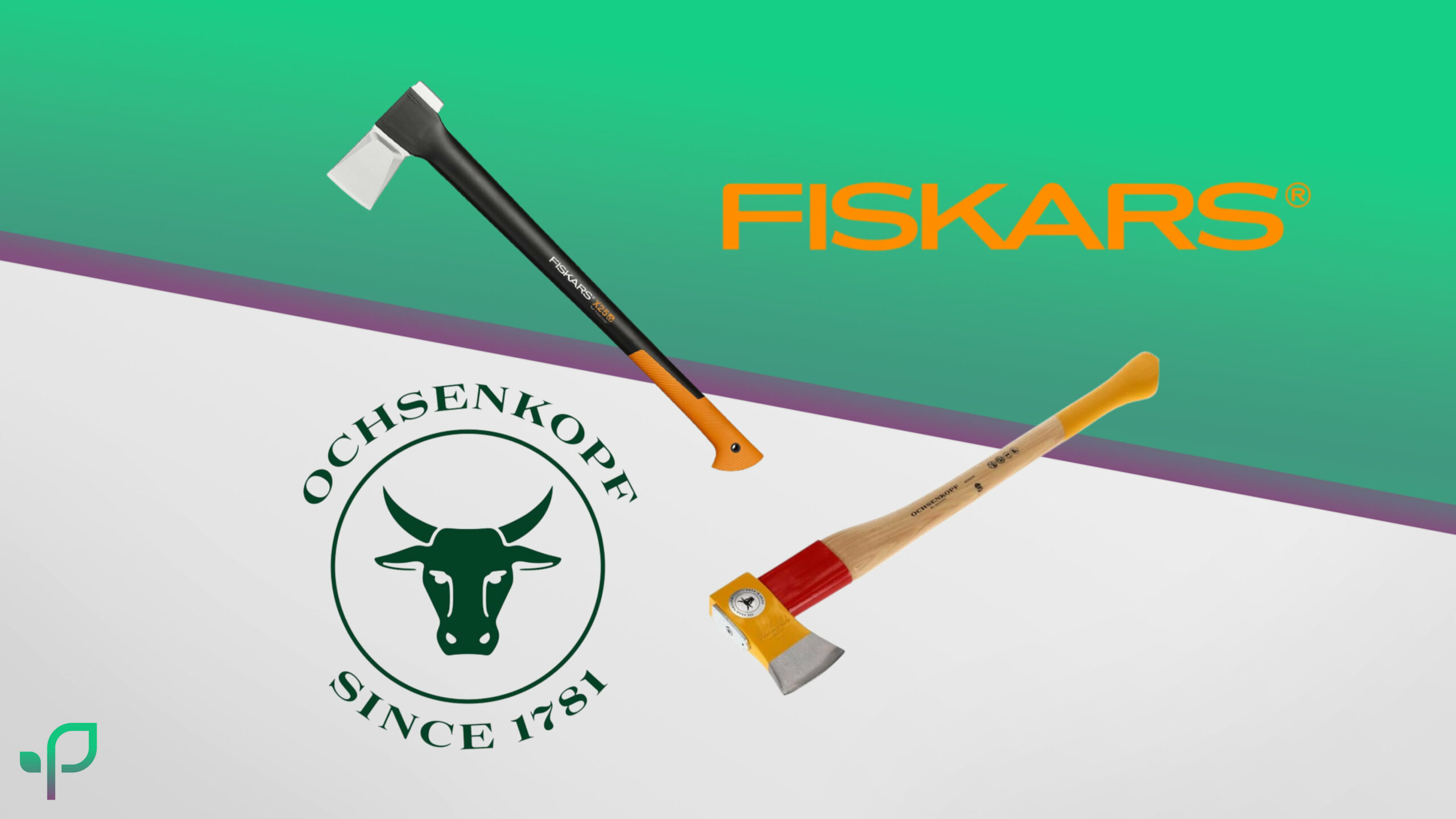 Eine Axt von Fiskars und eine Axt von Ochsenkopf vor dem Smart im Garten Wallpaper