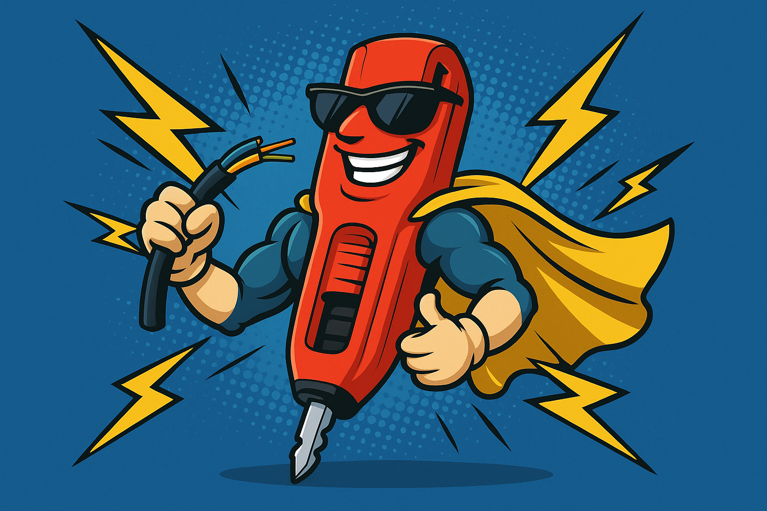 Comic-Superheld in Form eines Kabelentmantlers mit Cape und Sonnenbrille