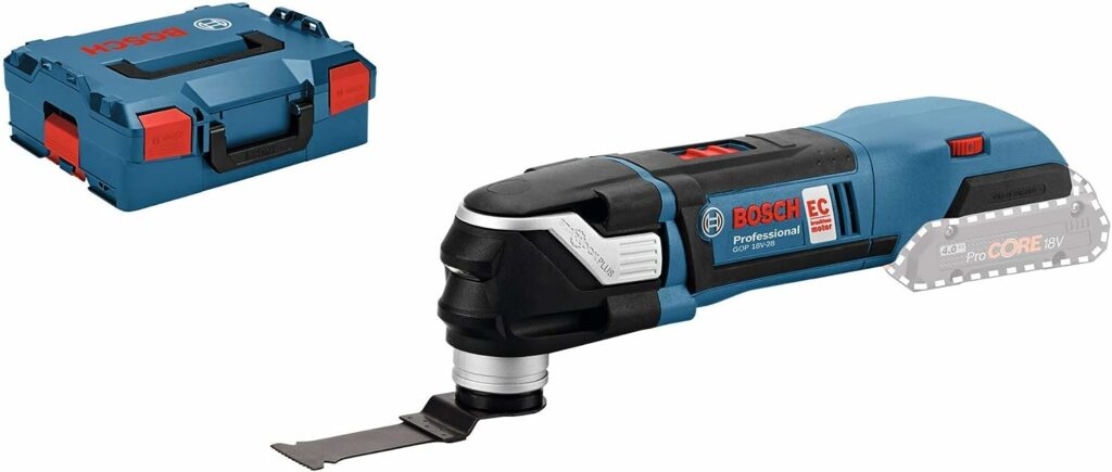 Bosch Professional Akku Multifunktionswerkzeug GOP 18V-28 mit L-Boxx auf weißem Untergrund