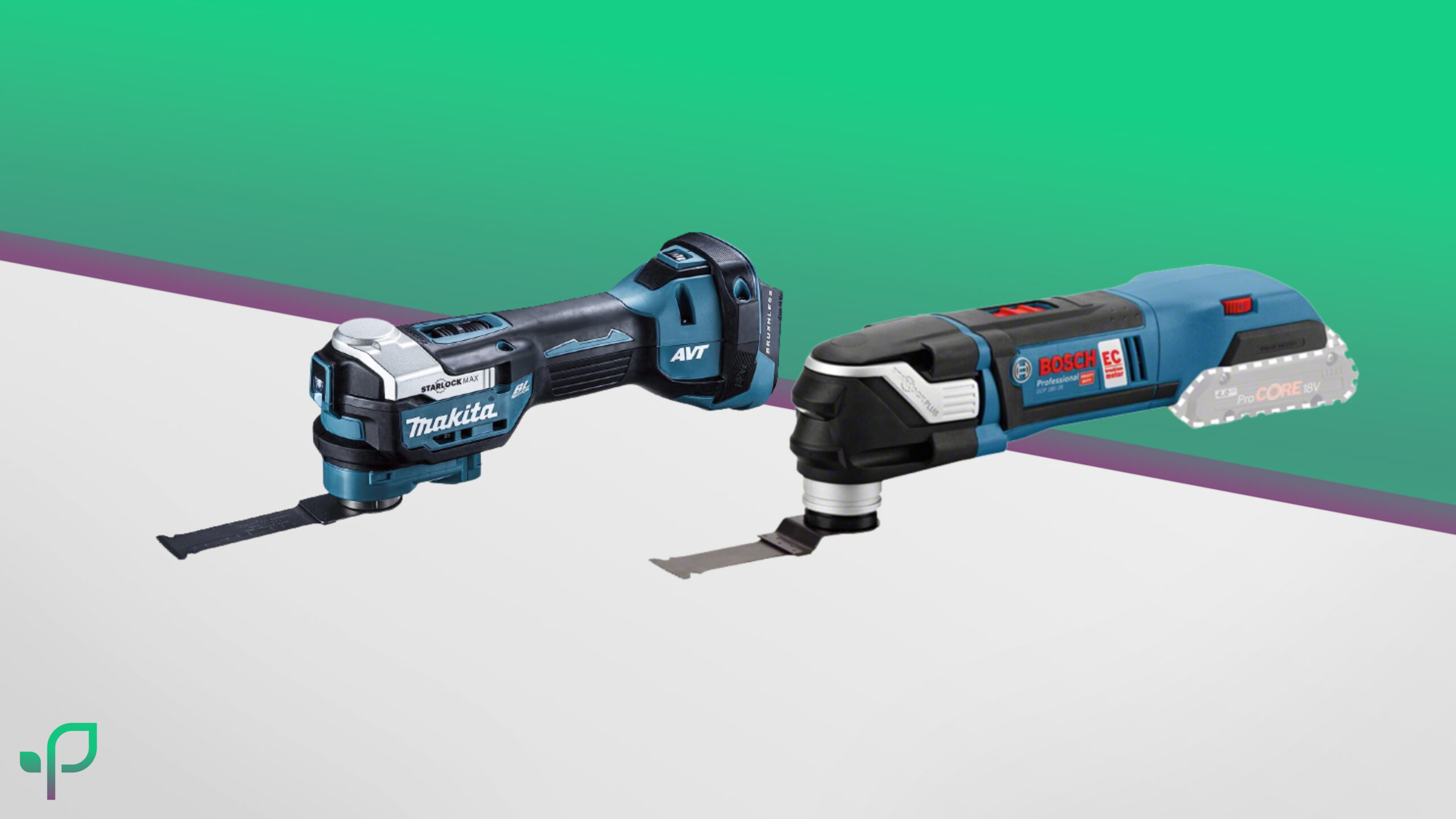 Ein Akku Multifunktionswerkzeug von Makita und Bosch Professional stehen nebeneinander vor dem Smart im Garten Wallpaper