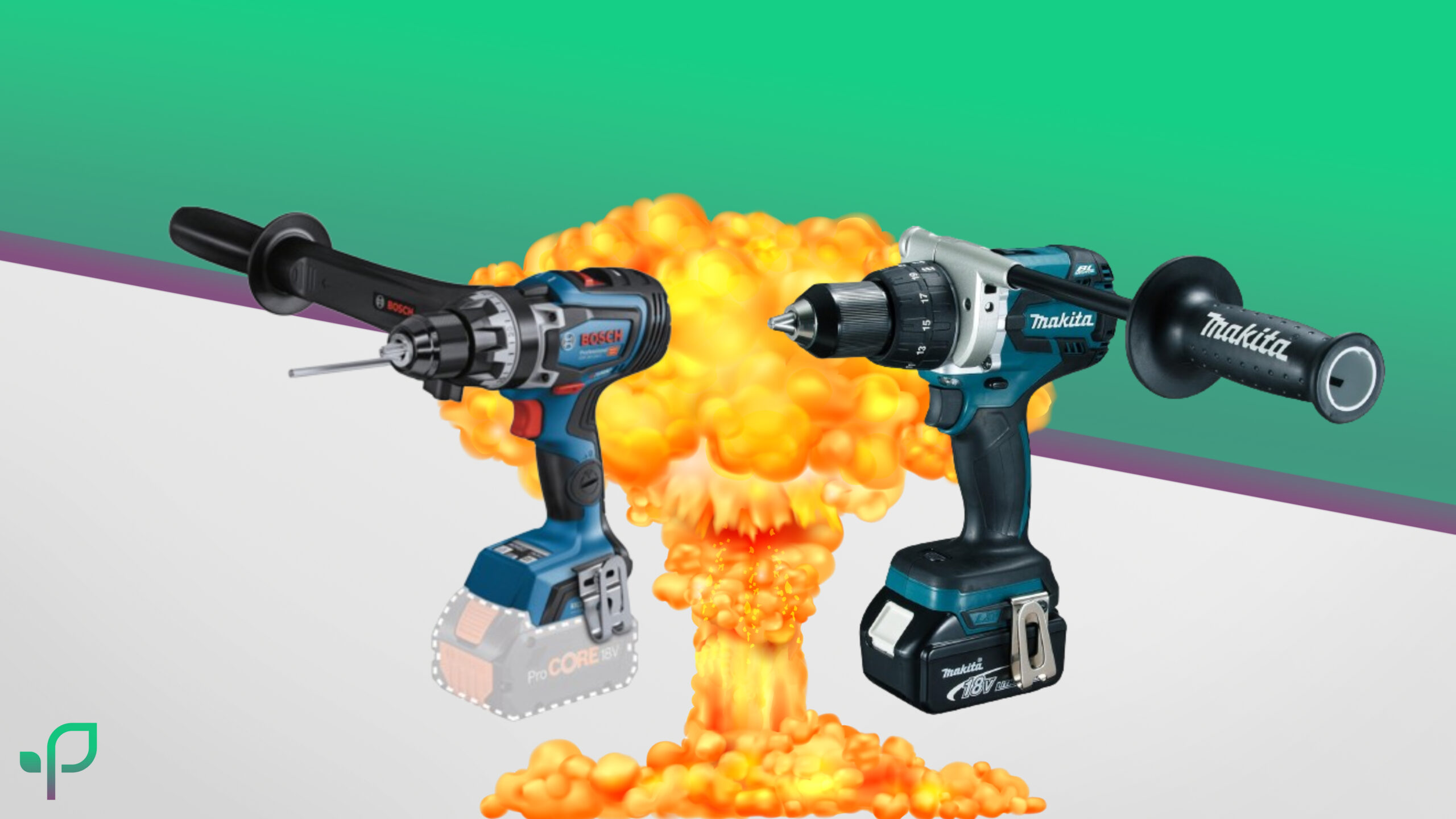 Das Bild zeigt zwei leistungsstarke Akkuschrauber der Marken Bosch Professional und Makita, die nebeneinander vor einem auffälligen Hintergrund mit einem Explosionseffekt dargestellt sind. Links ist der Bosch Professional Akkuschrauber in Blau mit einem stabilen, schwarzen Zusatzgriff zu sehen. Rechts daneben befindet sich der Makita Akkuschrauber in der typischen türkis-schwarzen Farbgebung, ebenfalls mit einem robusten Zusatzgriff ausgestattet. Der Hintergrund ist in den Farben Grün und Weiß gehalten, wobei der Explosionseffekt in leuchtendem Orange und Gelb hervorsticht, was die intensive Leistungsfähigkeit der beiden Werkzeuge symbolisieren soll. Im unteren linken Bereich ist das Logo von "Smart im Garten" zu sehen.