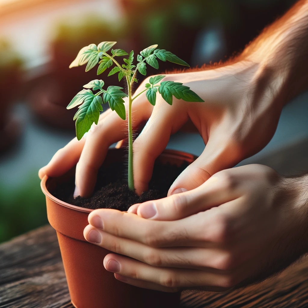 Eine Hand, die eine junge Tomatenpflanze behutsam in einen größeren Topf umtopft.