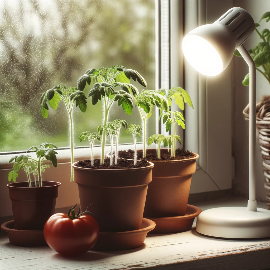 Junge Tomatenkeimlinge auf einer Fensterbank, neben einer kleinen Pflanzenlampe.