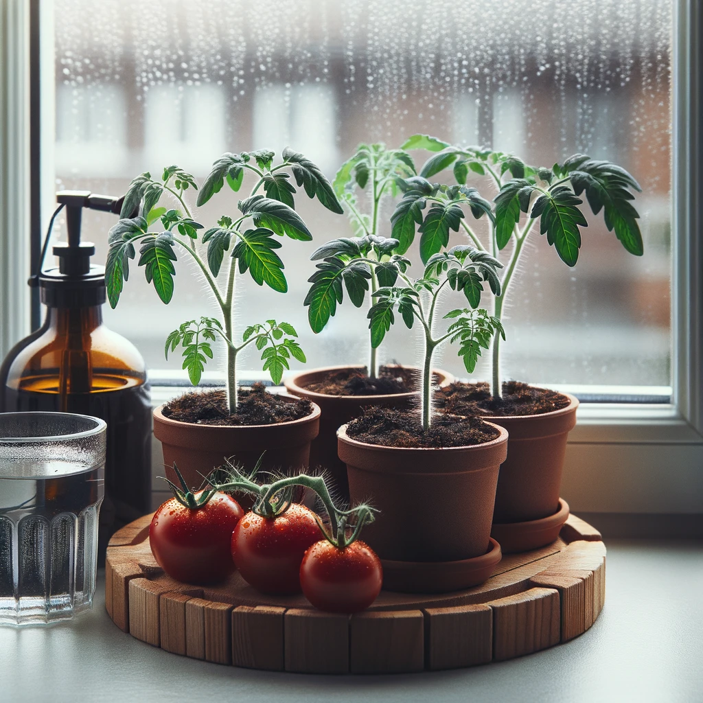 unge Tomatenpflanzen, die für das Abhärten nach draußen gebracht werden.