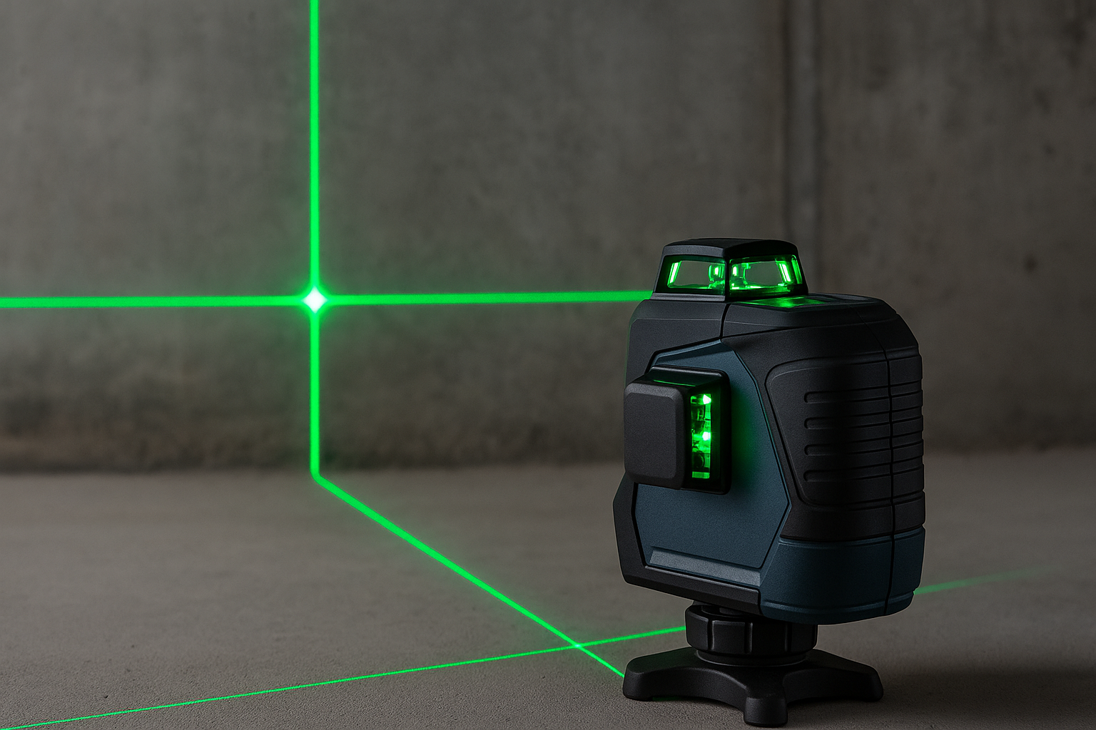 Kreuzlinienlaser mit grünen 360-Grad-Linien im Einsatz auf Baustelle mit Betonwand – präzises Ausrichtungswerkzeug für Heimwerker und Profis 2025