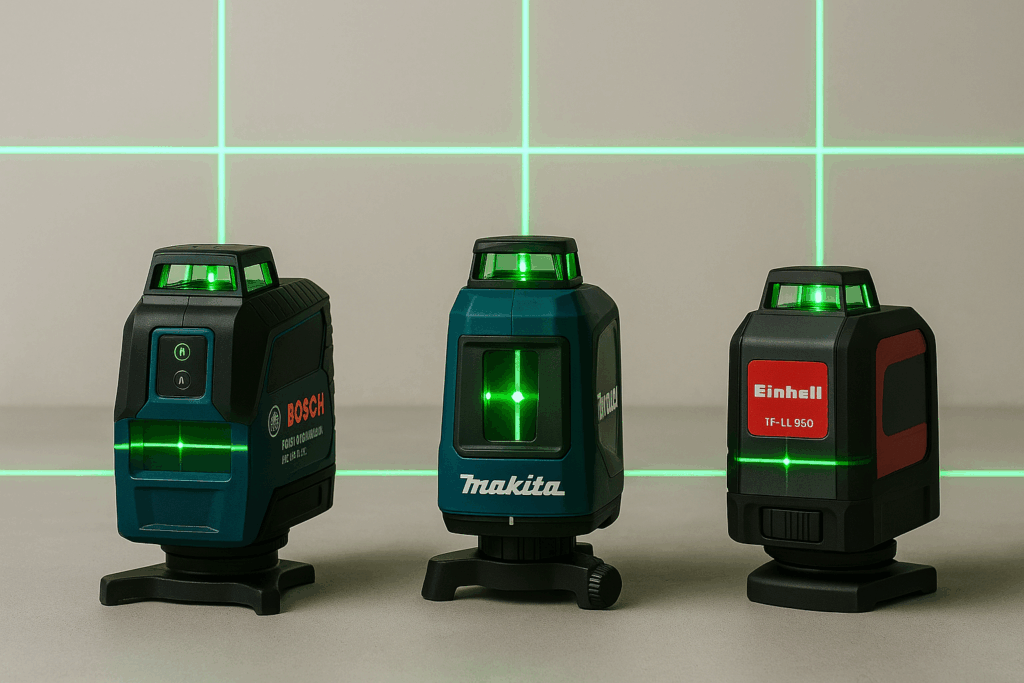 Drei Kreuzlinienlaser mit grünen Linien im Vergleich – präzise Selbstnivellierung für Heimwerker und Bauprojekte 2025